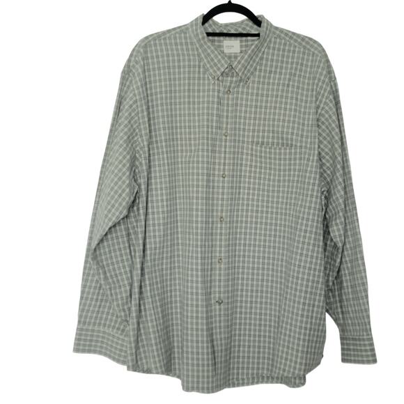 100% Cotton Long Sleeve Button-up Shirt Cream Gray Checker XXL - Picture 1 of 3